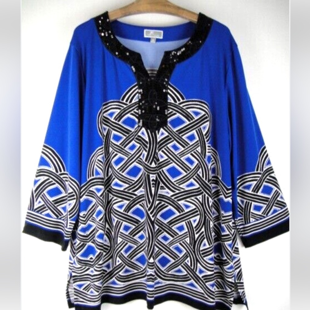 JM Collection Blue Black & White Beaded Tunic